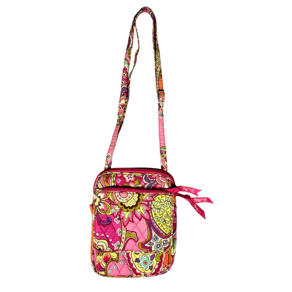 Vera Bradley Travel Cotton Crossbody Compact Wallet Bag Floral Paisley Hot Pink